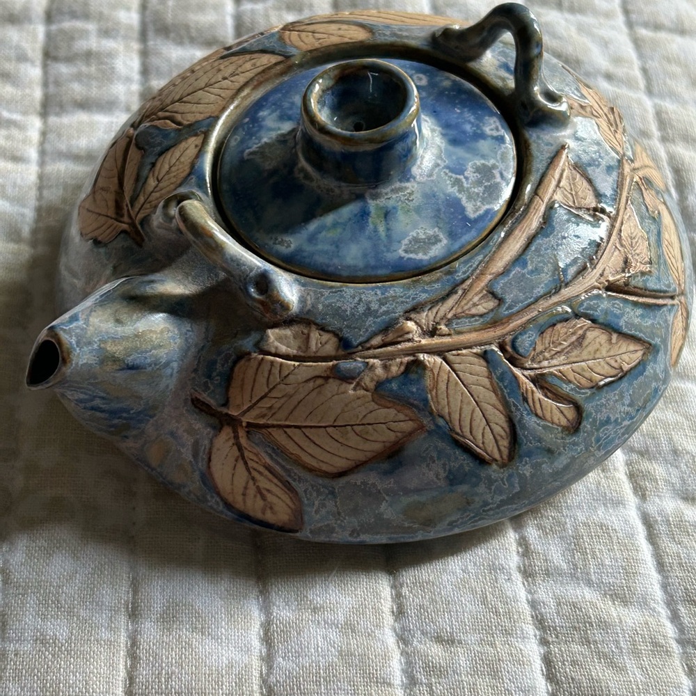 Blue and Brown Ceramic Art Teapot with Botanical Design - Picture 3 of 9